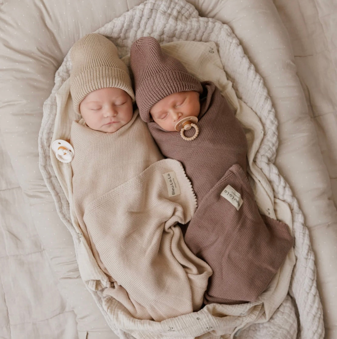Bleu La La cotton knit blanket & hat -oatmeal