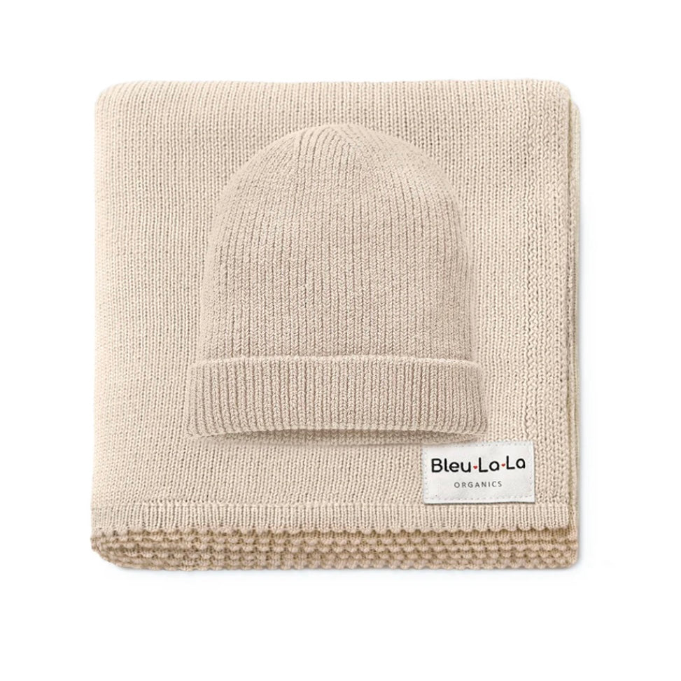 Bleu La La cotton knit blanket & hat -oatmeal