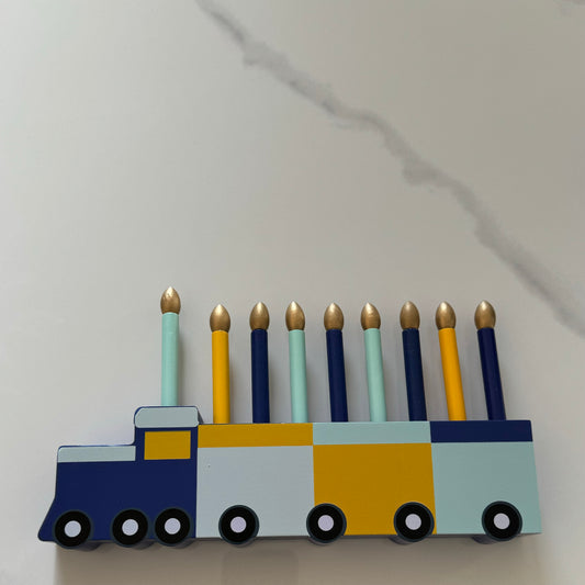 Wooden play train menorah