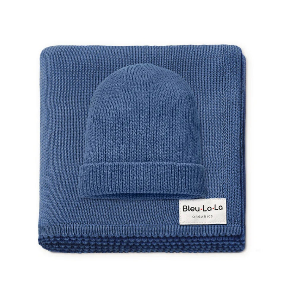 Bleu La La Cotton knit blanket & hat -blue