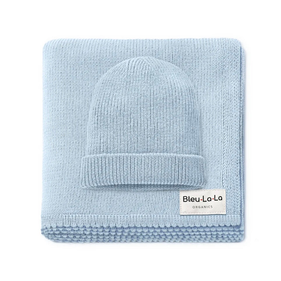 Bleu La La knit cotton blanket & hat -light blue
