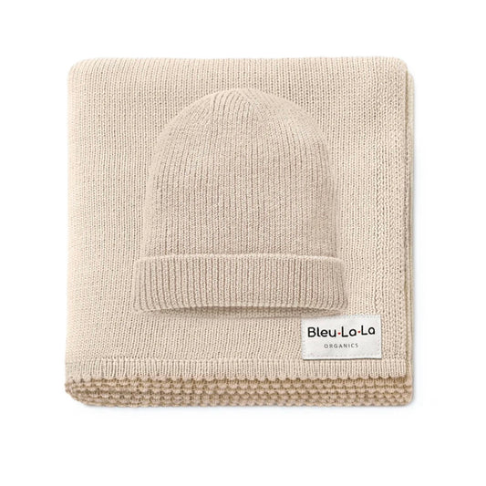 Bleu La La cotton knit blanket & hat -oatmeal