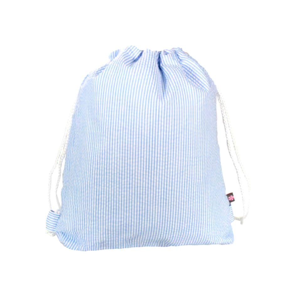 Light blue seersucker cinched backpack