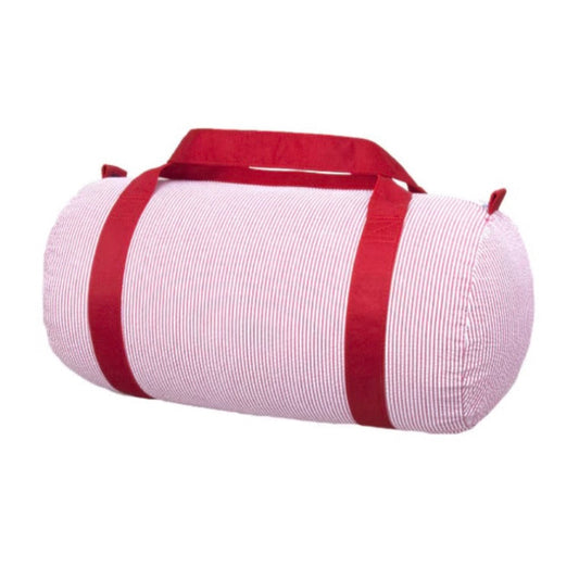 Red seersucker duffel bag