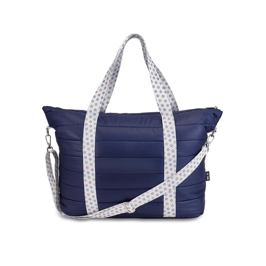 Navy puffer bag colorful star straps